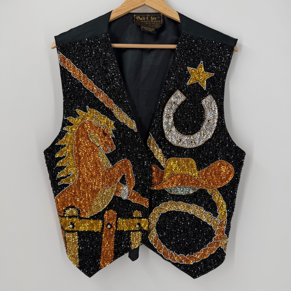 Bali Chic Vintage Sequin Western Vest Horse Cowboy Hat Lasso Black Gold OS